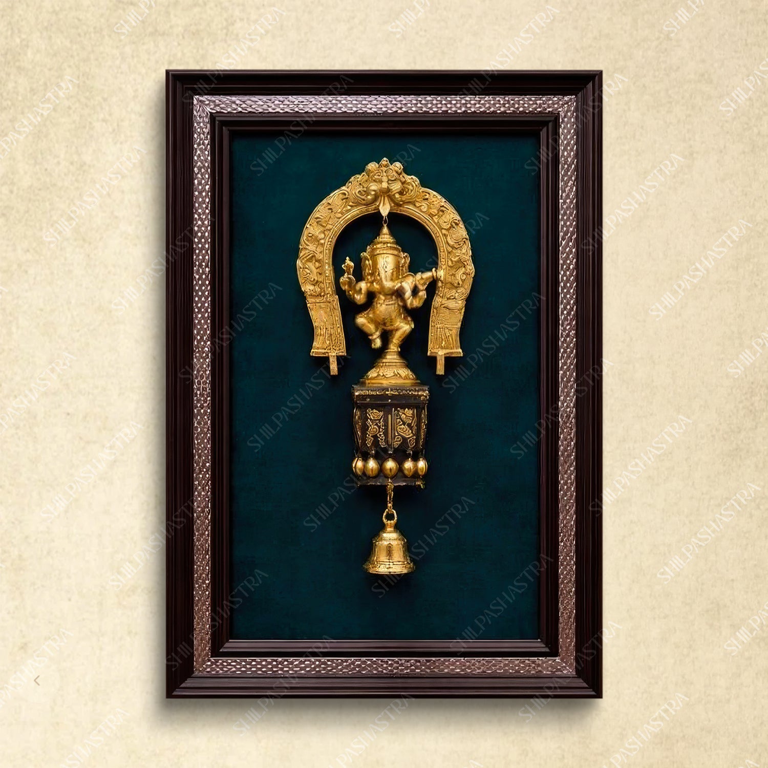 Black & Silver Dancing Ganesha Fiber Idol Frame – Prabhavali Wall Decor with Bodhi Stand (13x10 Inch)