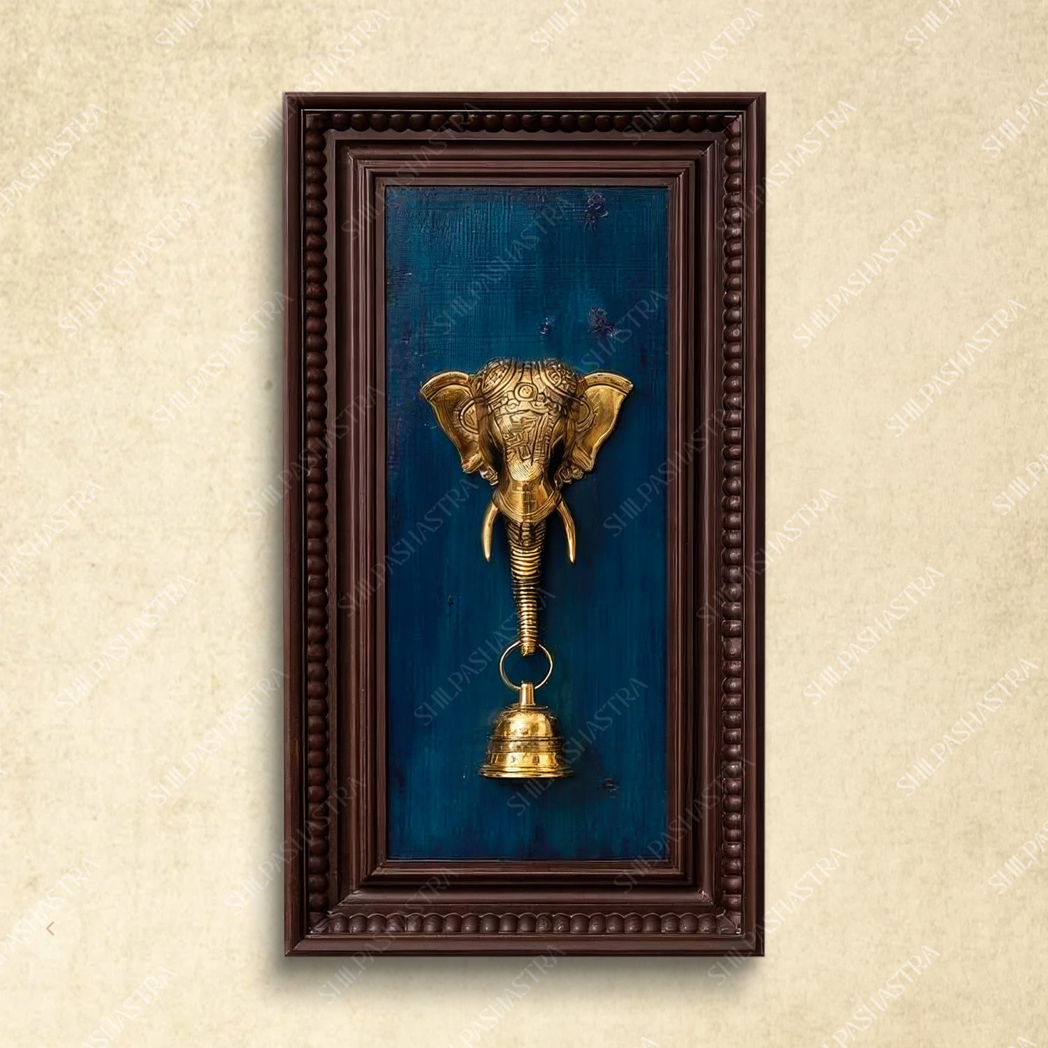 Brass Elephant Face Wall Frame with Bell – Manipuri Heritage Frame (20x8 Inch)