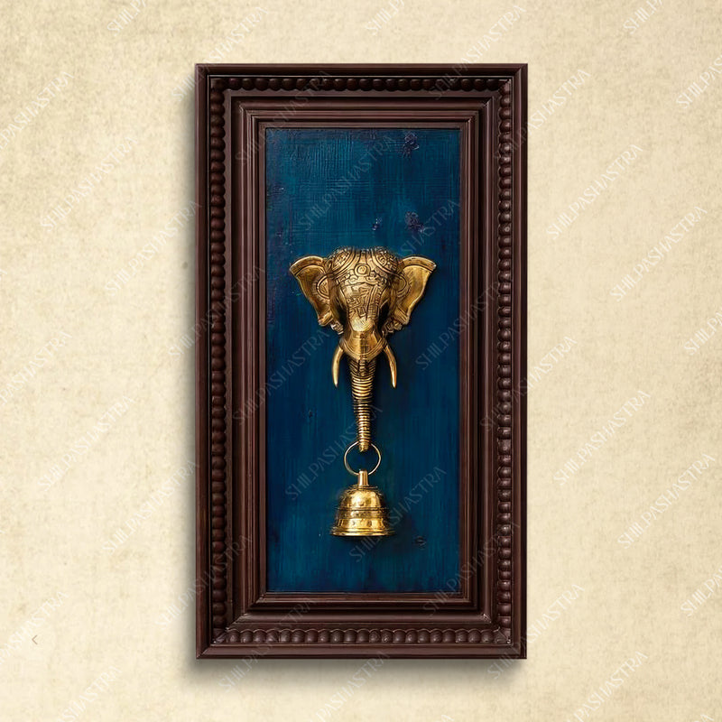 Brass Elephant Face Wall Frame with Bell – Manipuri Heritage Frame (20x8 Inch)