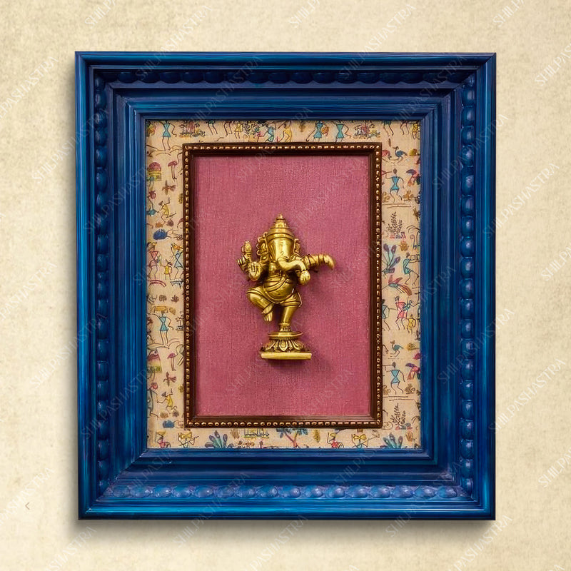 Dancing Ganesha Brass Idol Frame – Vintage Manipuri Heritage Wall Frame (10x8 Inch)