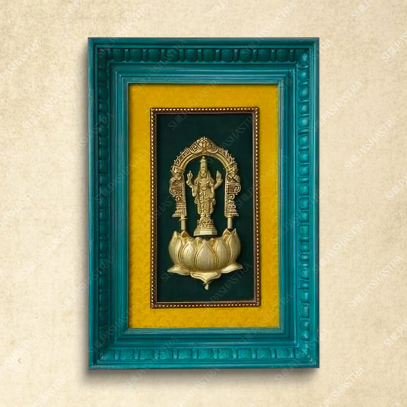 Perumal Brass Idol Frame with Prabhavali & Lotus – Vintage Manipuri Wall Frame (12x8 Inch)