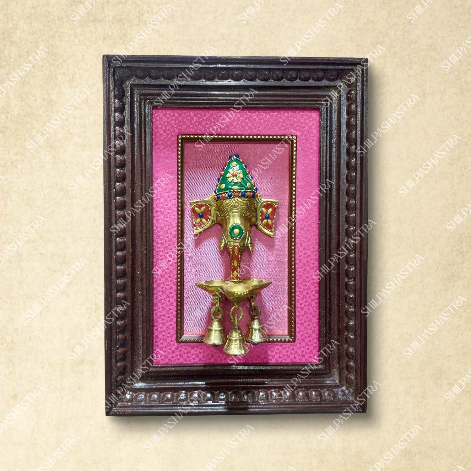 Gemstone Ganesha Brass Idol Frame with Bell – Manipuri Heritage Wall Frame (12x8 Inch)