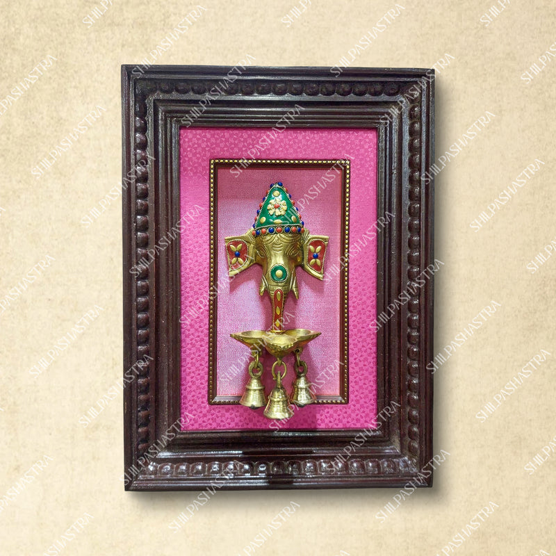 Gemstone Ganesha Brass Idol Frame with Bell – Manipuri Heritage Wall Frame (12x8 Inch)