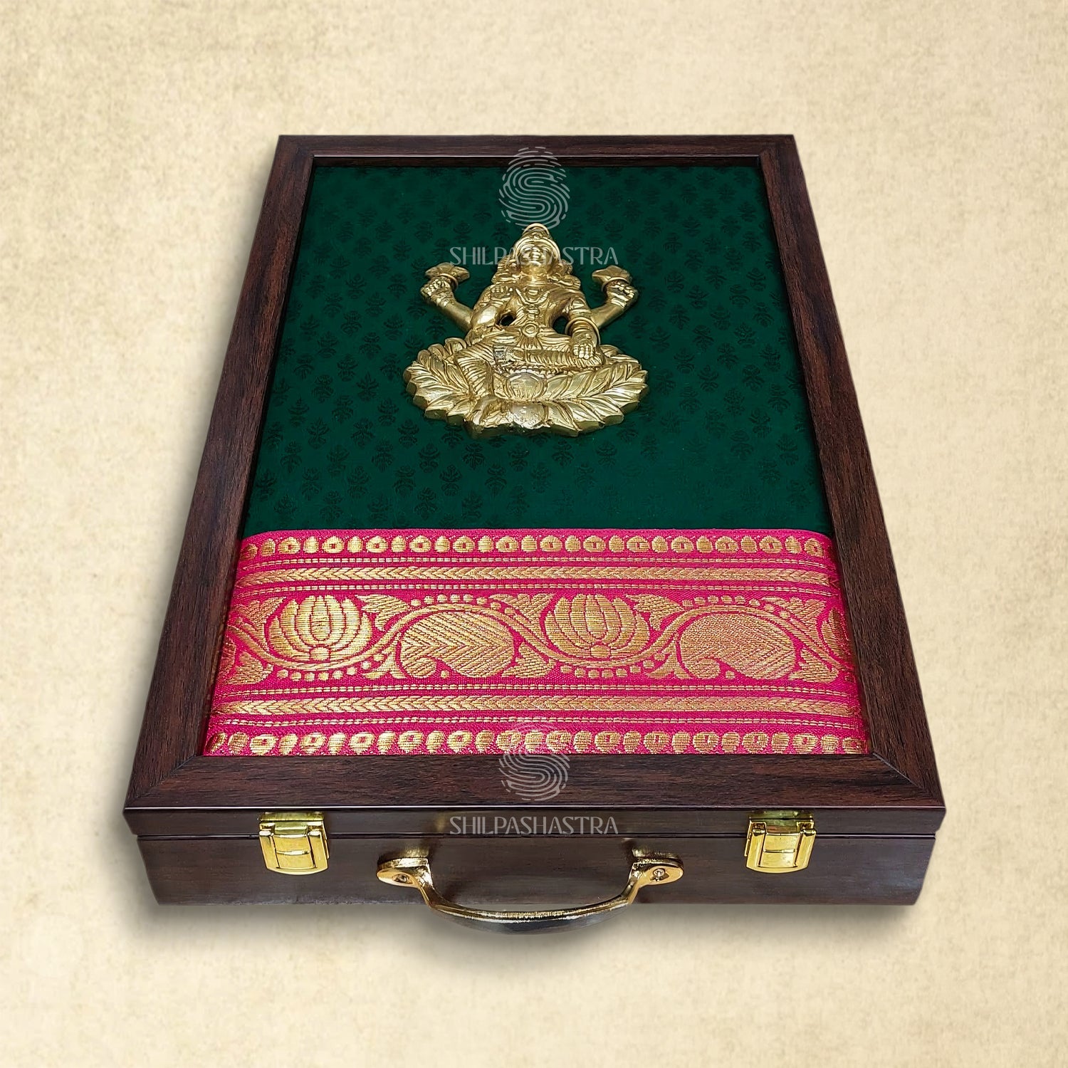 Premium Brass Idol Wedding Saree Box with Lakshmi – Green Brocade with Pink Zari Border