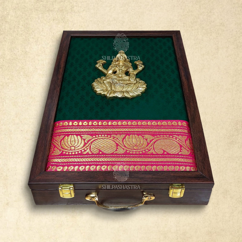 Premium Brass Idol Wedding Saree Box with Lakshmi – Green Brocade with Pink Zari Border
