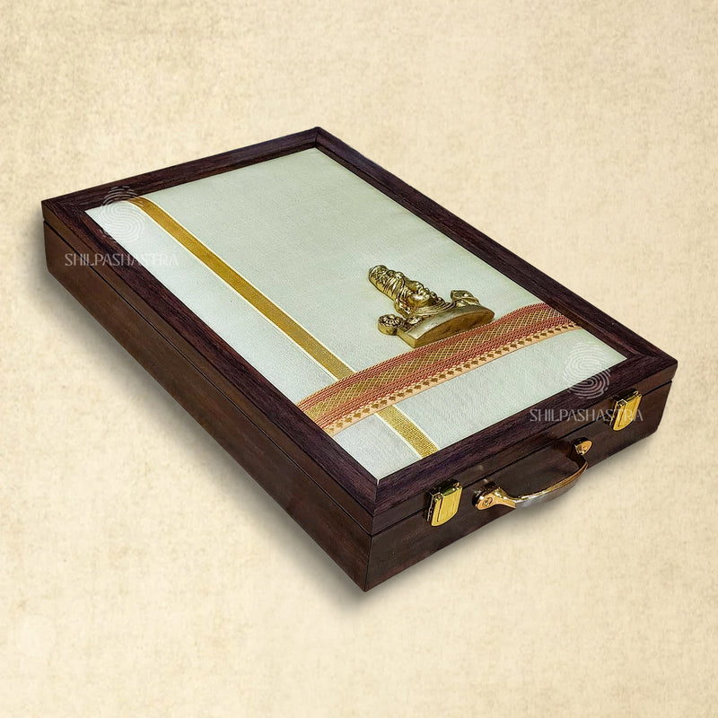 Premium Brass Idol Wedding Veshti Box with Perumal – Traditional Silk Border Gift Box