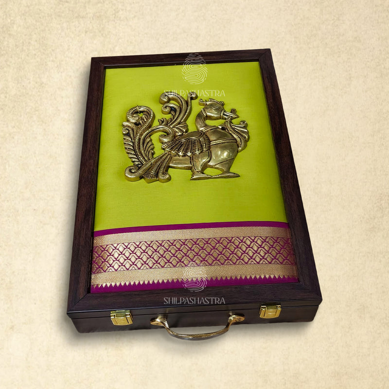 Premium Brass Idol Wedding Saree Box with Annam – Apple Green with Pink Zari Border
