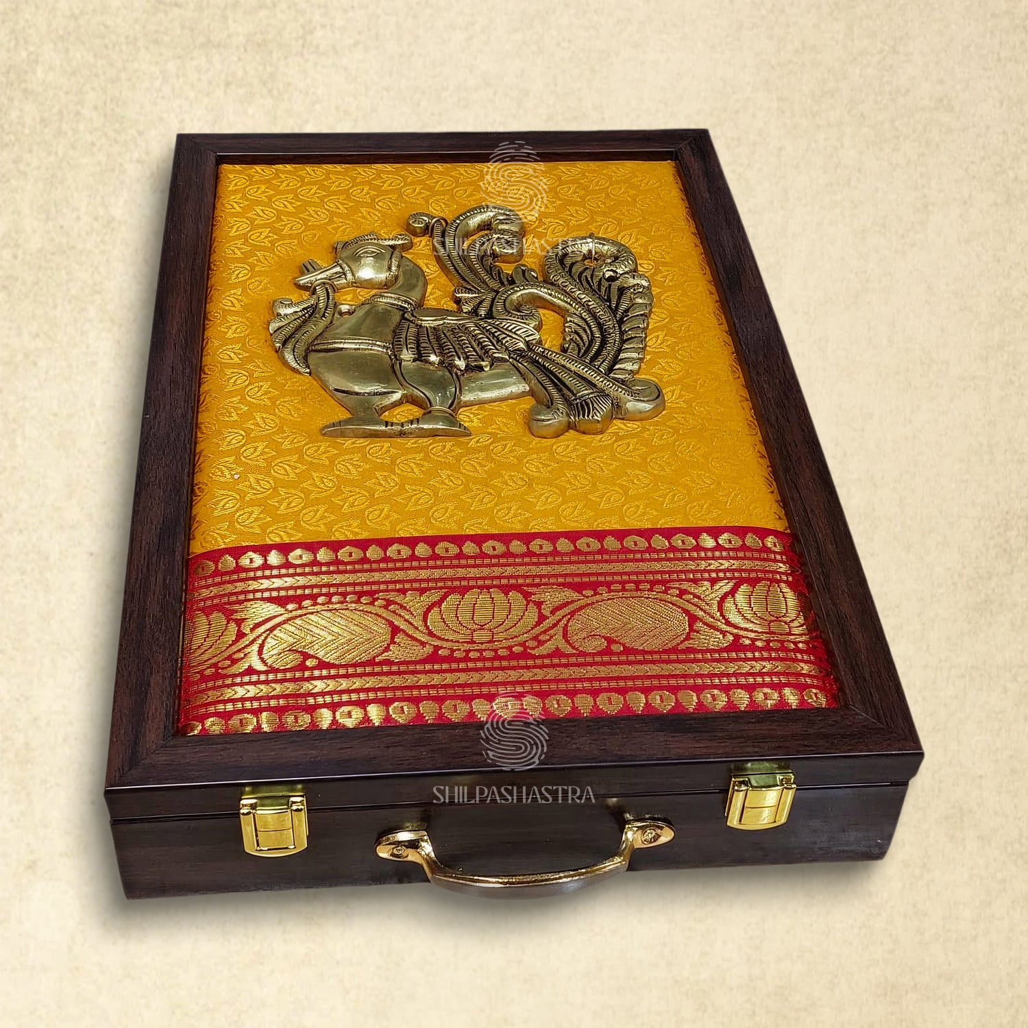 Premium Brass Idol Wedding Saree Box with Annam – Mustard Brocade with Red Zari Border