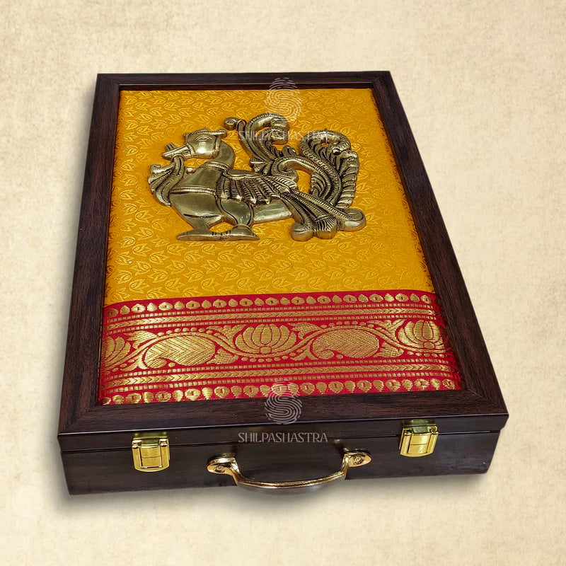 Premium Brass Idol Wedding Saree Box with Annam – Mustard Brocade with Red Zari Border
