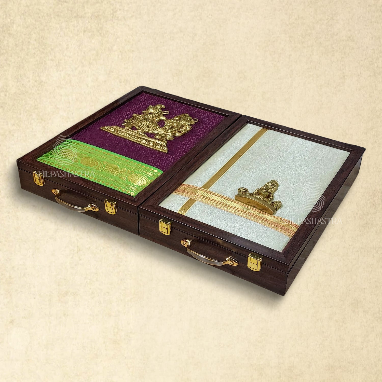 Maroon Apple Green Brass Annam Saree & Perumal Veshti Box Combo