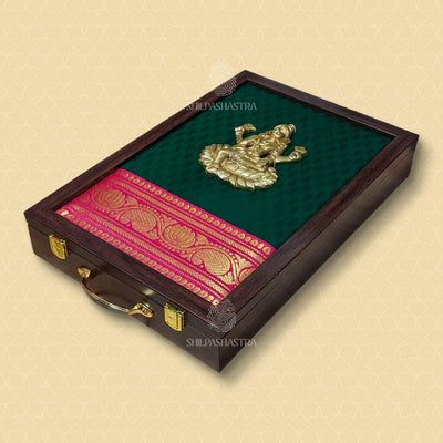 Premium Brass Idol Wedding Saree Box with Lakshmi – Green Brocade with Pink Zari Border