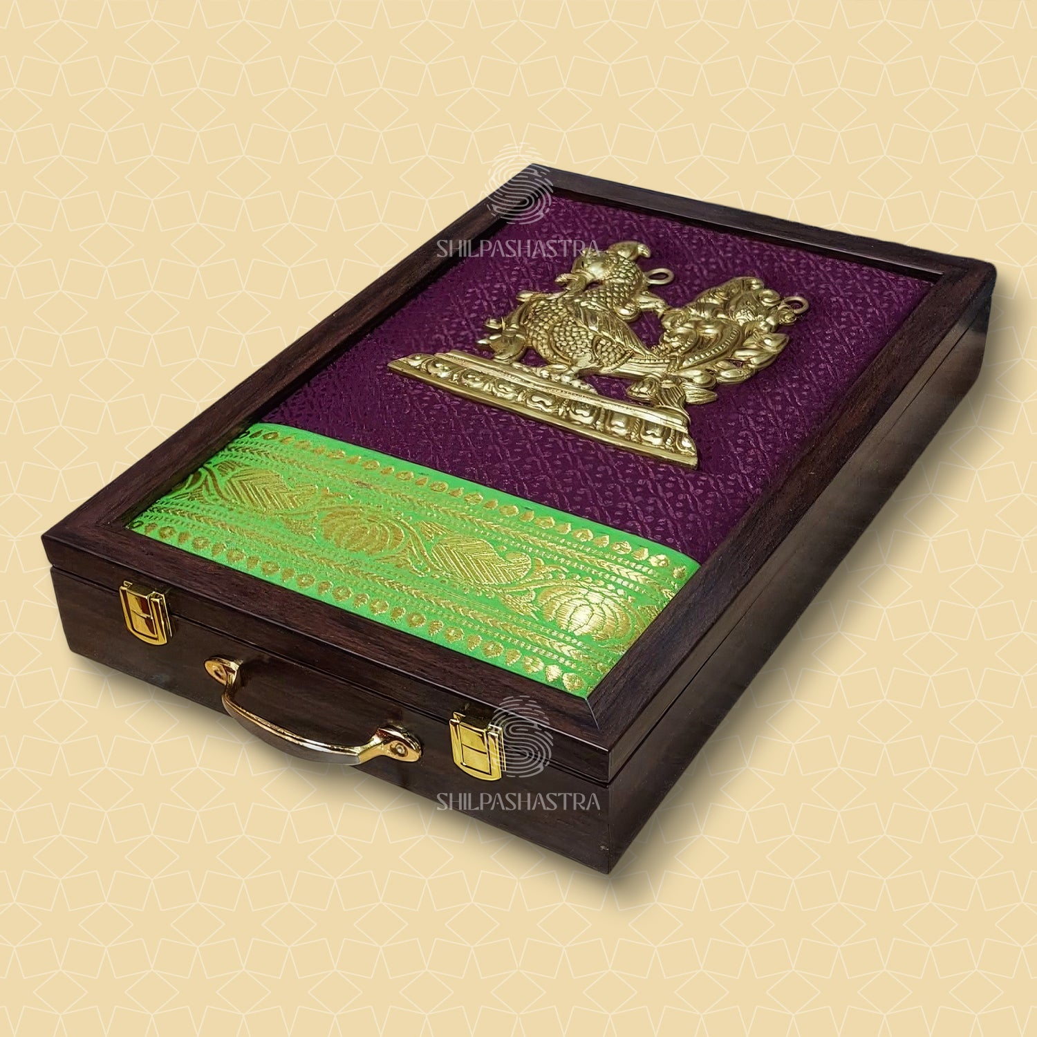 Premium Brass Idol Wedding Saree Box with Annam – Maroon Brocade with Apple Green Zari Border