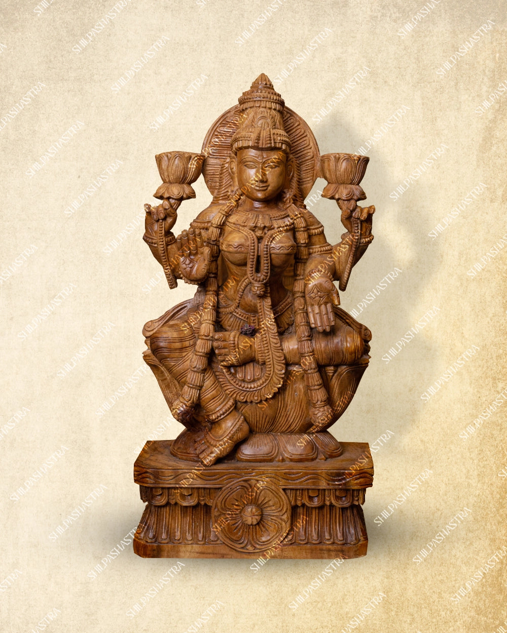 Lakshmi Sitting on Lotus Handcrafted Wooden Idol