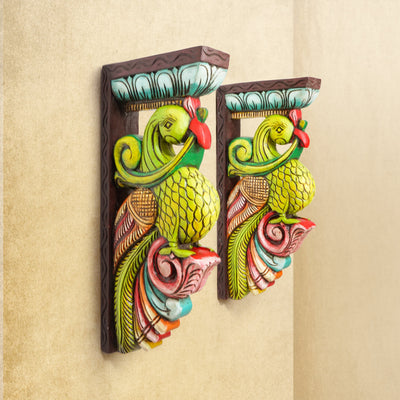 Shilpashastra_wood_scuplture_Hand Carved Colored Wooden Wall Brackets - Big - Parrot