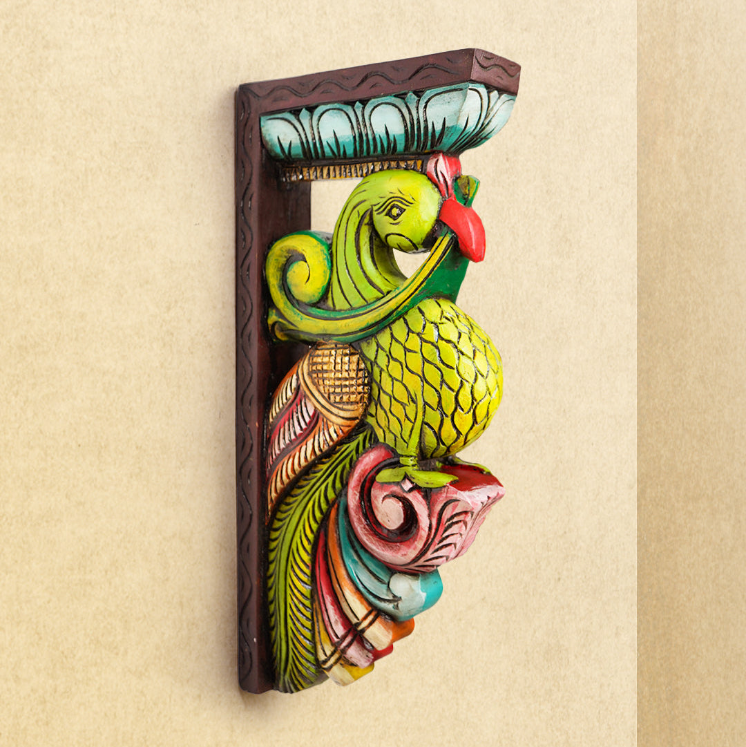 Shilpashastra_wood_scuplture_Hand Carved Colored Wooden Wall Brackets - Big - Parrot