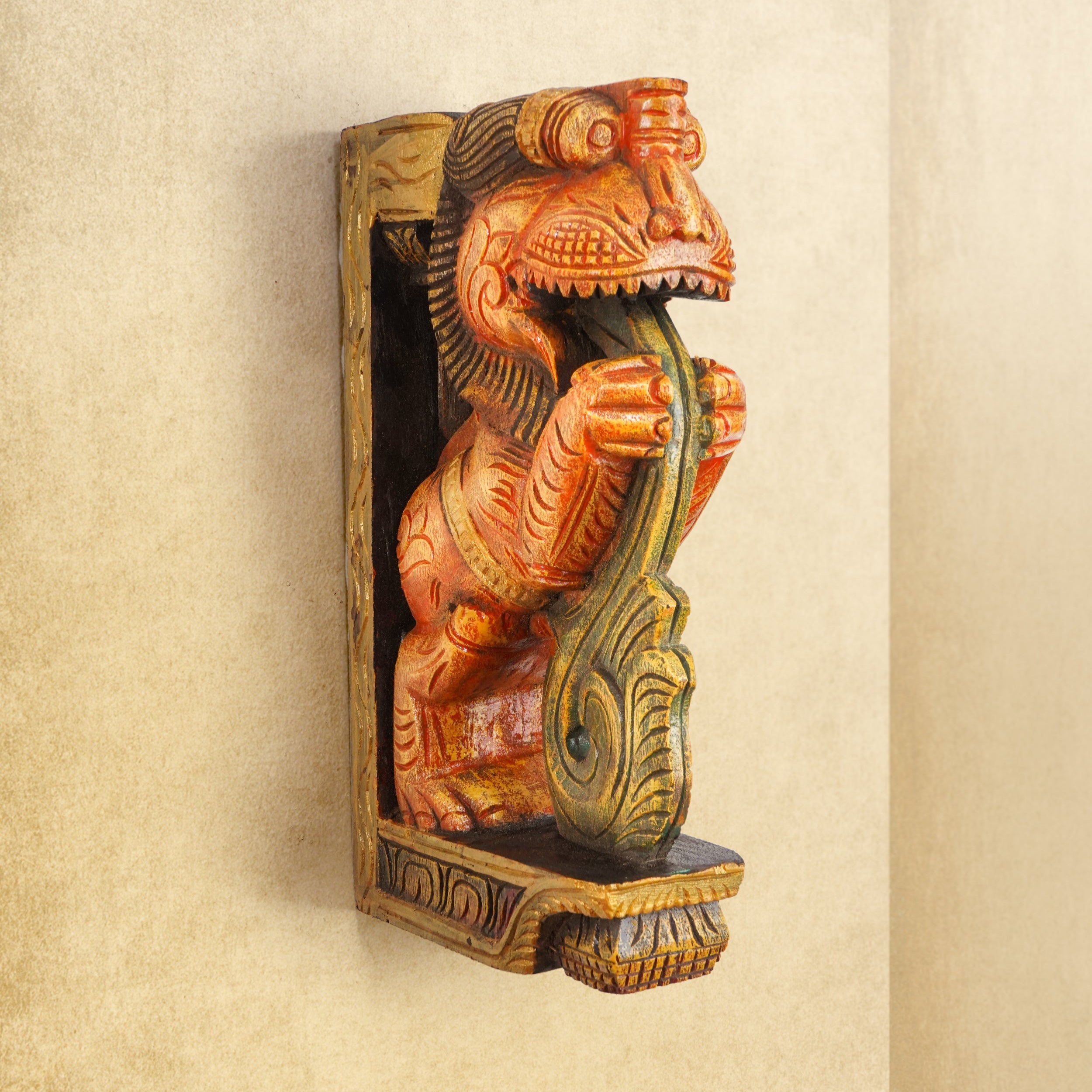 Shilpashastra_wood_scuplture_Hand Carved Colored Wooden Wall Brackets - Medium - Yazhi