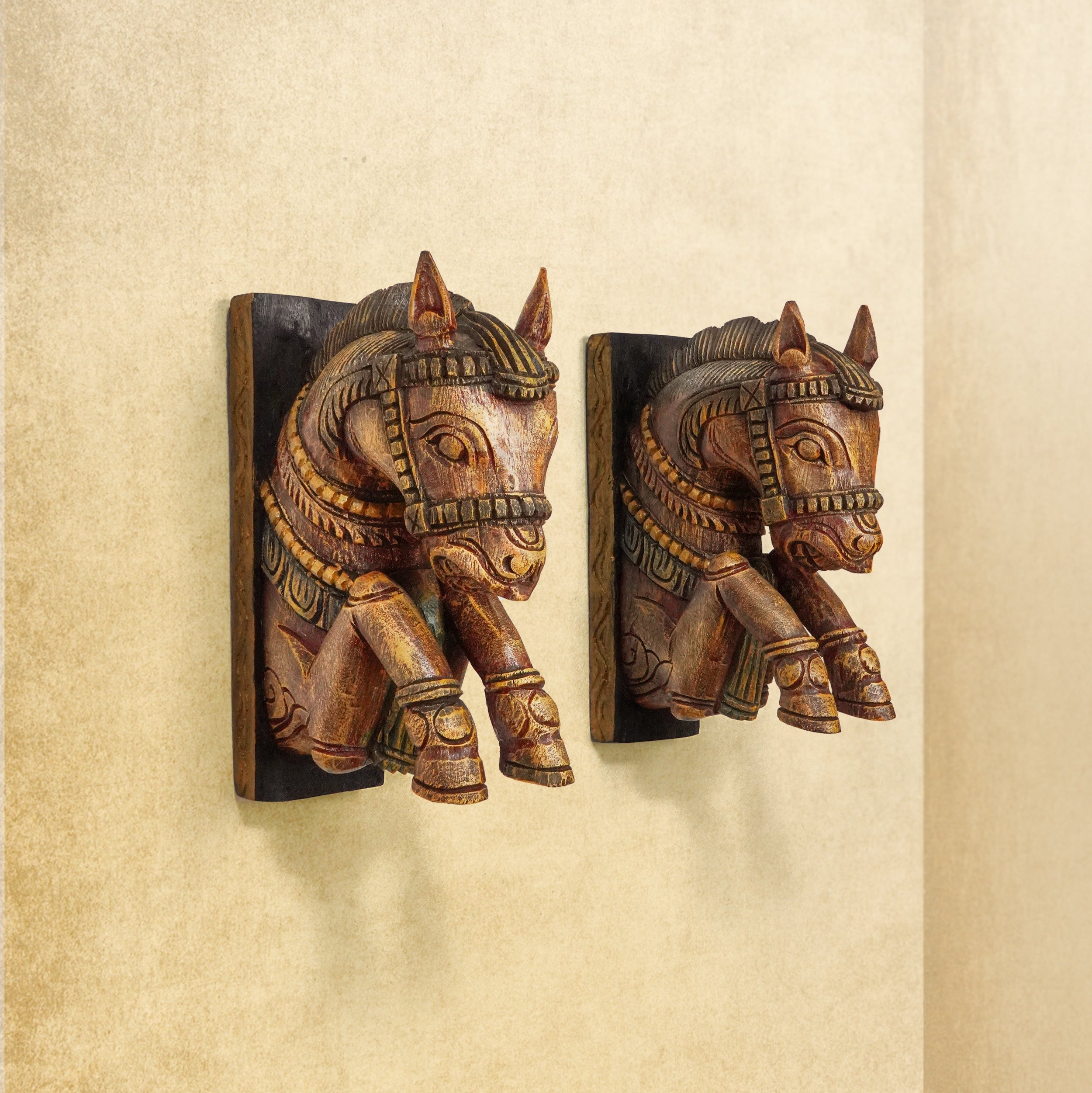 Shilpashastra_wood_scuplture_Hand Carved Colored Wooden Wall Brackets - Medium - Horse