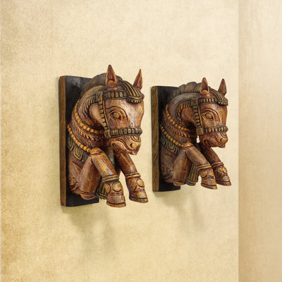 Shilpashastra_wood_scuplture_Hand Carved Colored Wooden Wall Brackets - Medium - Horse