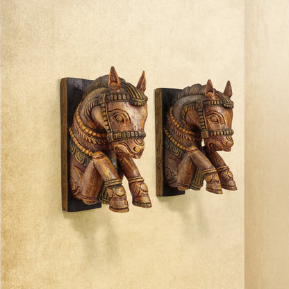 Shilpashastra_wood_scuplture_Hand Carved Colored Wooden Wall Brackets - Medium - Horse