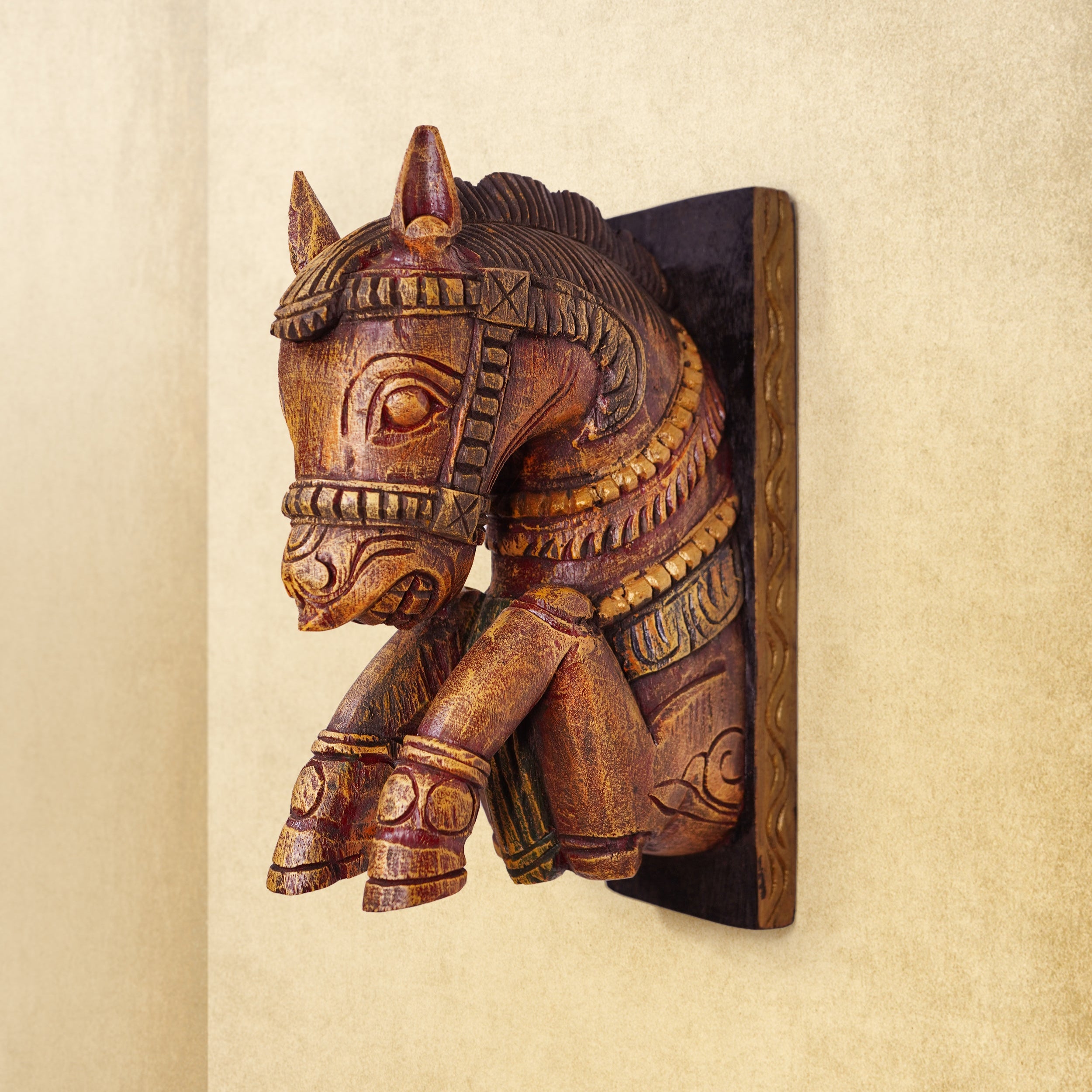 Shilpashastra_wood_scuplture_Hand Carved Colored Wooden Wall Brackets - Medium - Horse