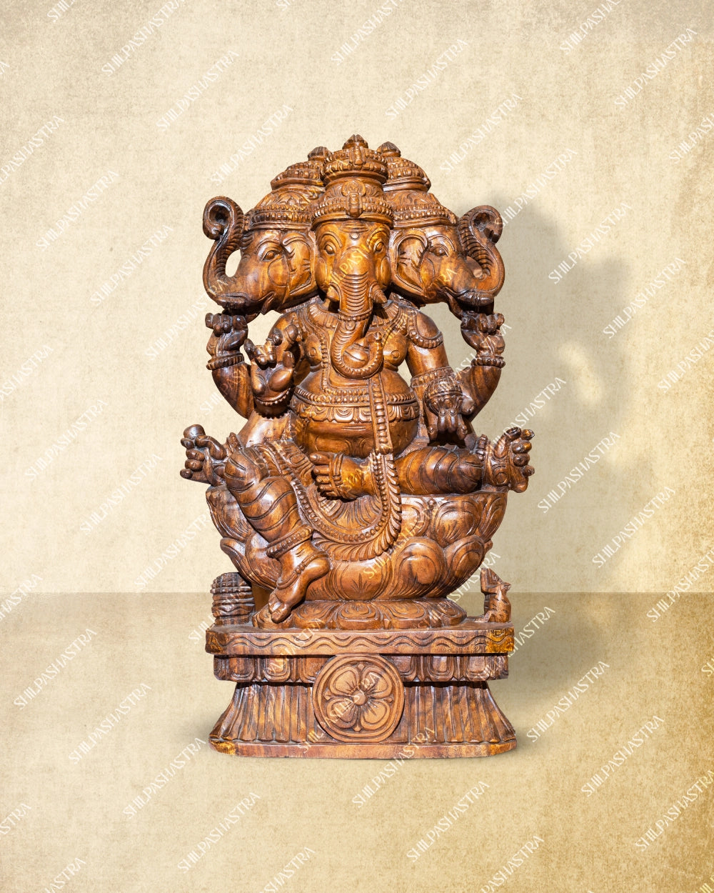 Three-headed Ganesha Handcrafted Wooden Idol
