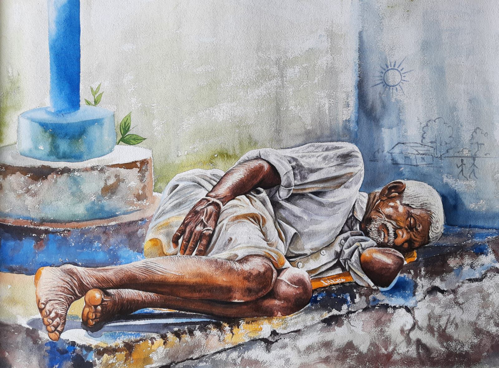 Realistic Watercolor Painting – Traditional Indian Village Life