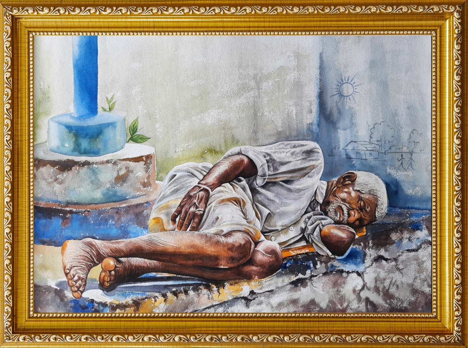 Realistic Watercolor Painting – Traditional Indian Village Life