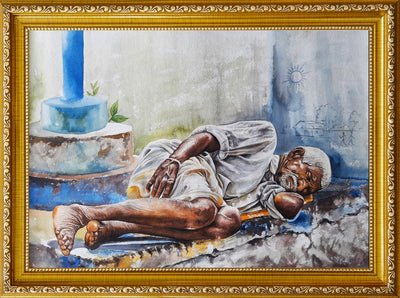 Hand Painted Realistic Watercolor Painting of Traditional Indian Village Life Wall Art