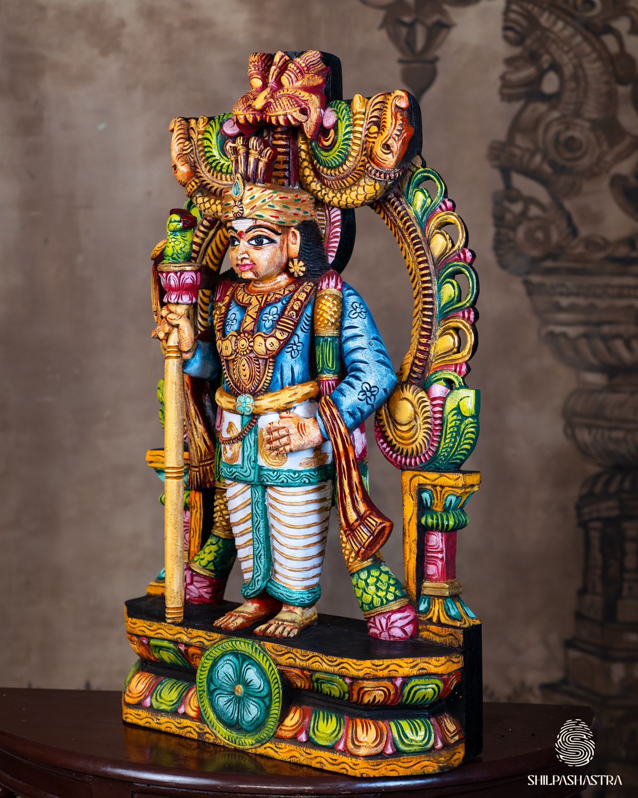 Hand-Carved Wooden Idol Murugan in Raja Alankaram – Sugarcane & Parrot