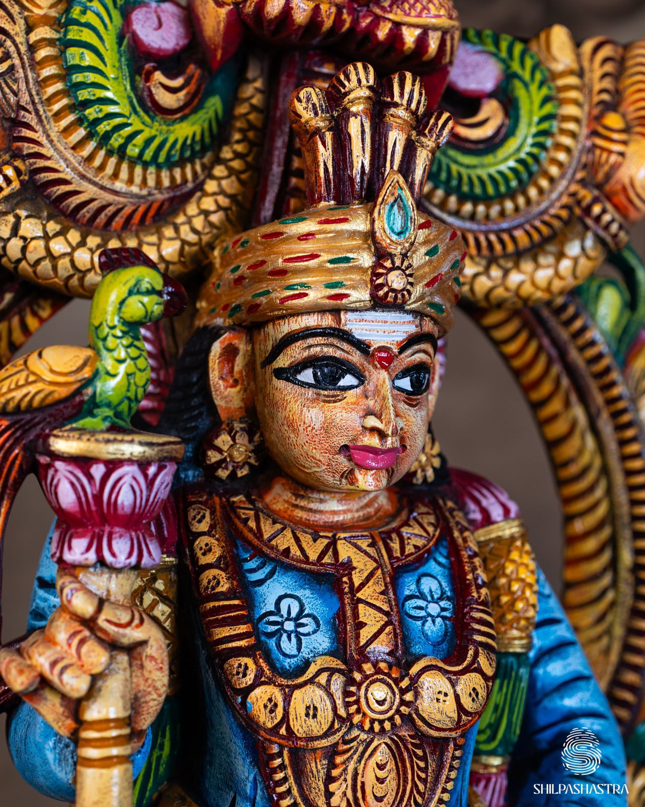 Hand-Carved Wooden Idol Murugan in Raja Alankaram – Sugarcane & Parrot