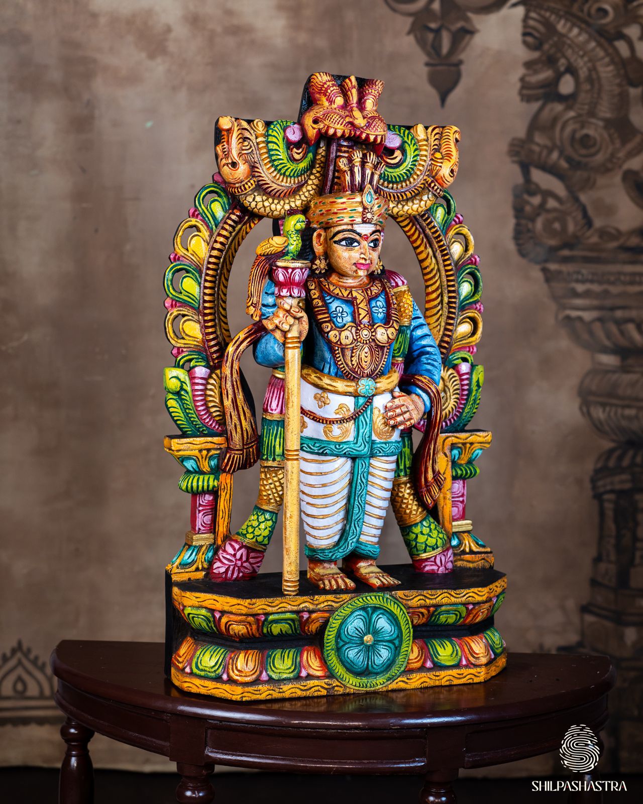 Hand-Carved Wooden Idol Murugan in Raja Alankaram – Sugarcane & Parrot