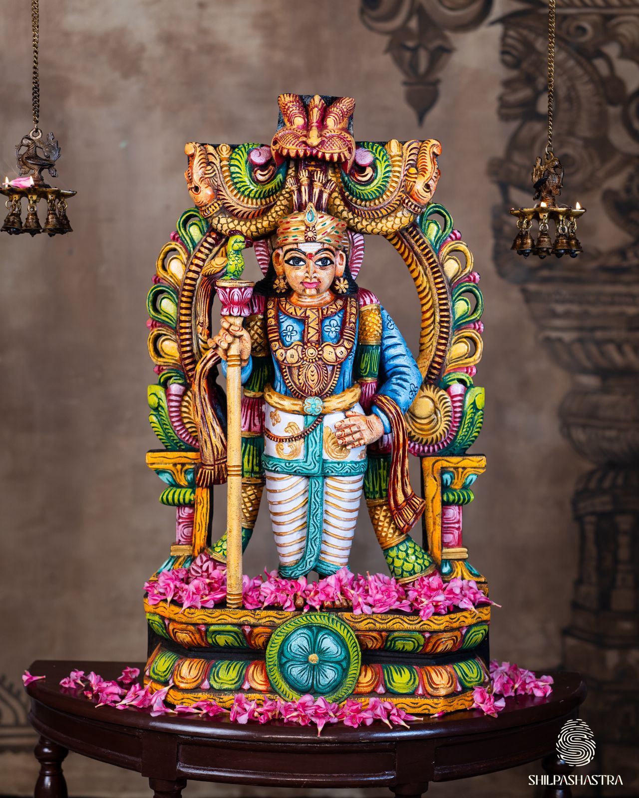 Hand-Carved Wooden Idol Murugan in Raja Alankaram – Sugarcane & Parrot