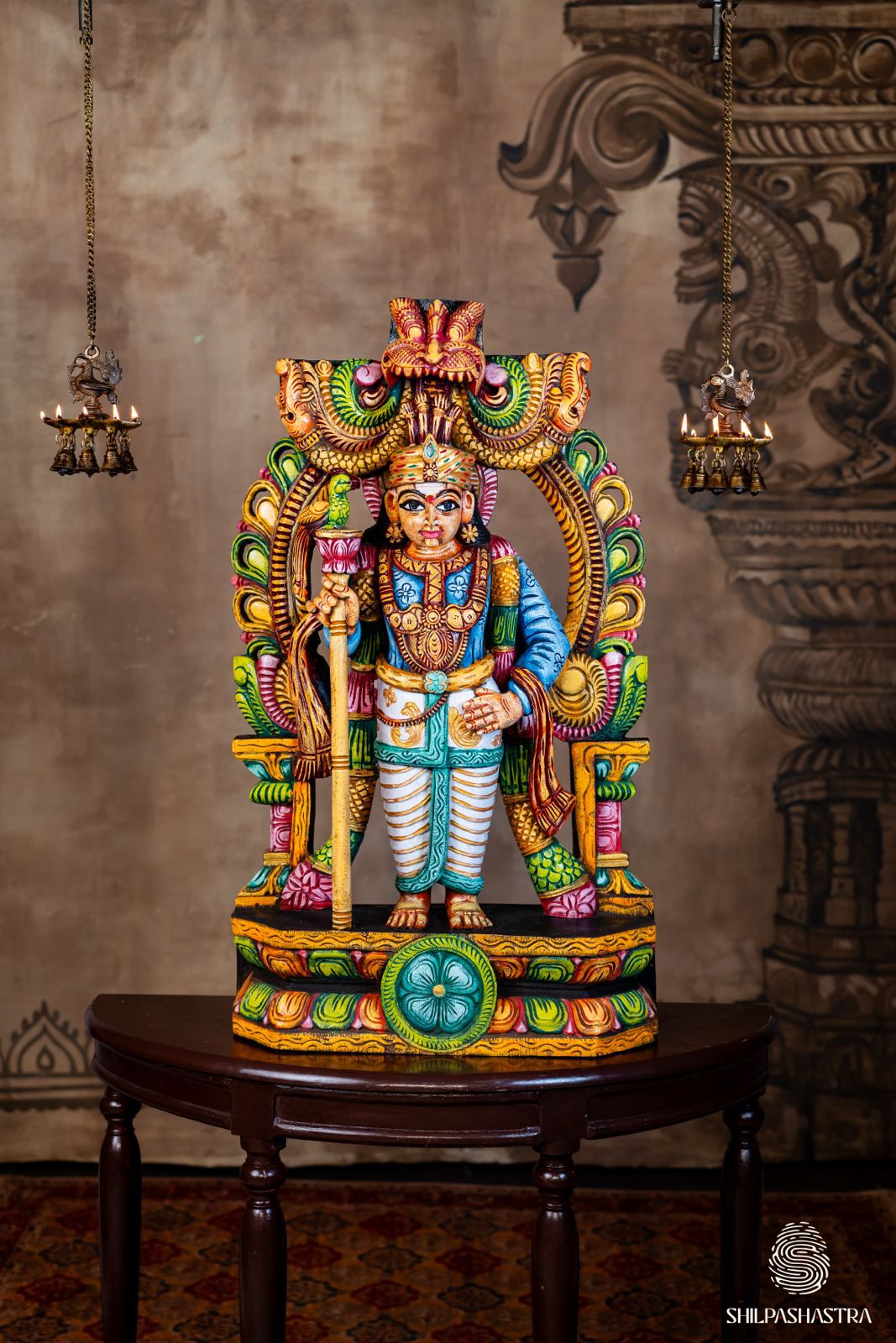 Hand-Carved Wooden Idol Murugan in Raja Alankaram – Sugarcane & Parrot