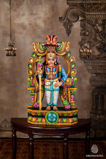 Hand-Carved Wooden Idol Murugan in Raja Alankaram – Sugarcane & Parrot