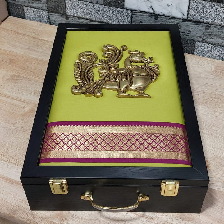 Premium Brass Annam Saree & Veshti Double Box – Apple Green with Dark Pink Zari (14 × 9 × 2.75 Inches)