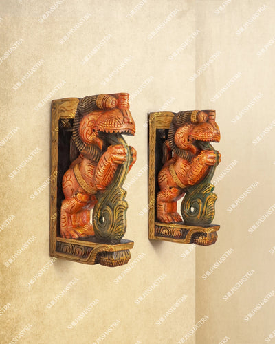Medium Hand Carved Vaagai Wood Yazhi Wall Brackets in Temple Style for Doorway & Home Decor
