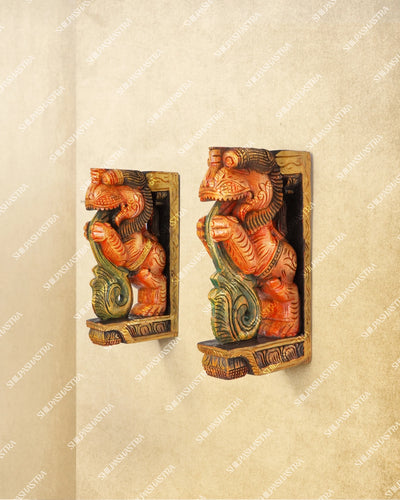 Medium Hand Carved Vaagai Wood Yazhi Wall Brackets in Temple Style for Doorway & Home Decor
