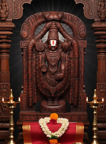 Hand-carved 1 ft wooden Tirupati Balaji statue with rich detailing and a traditional finish