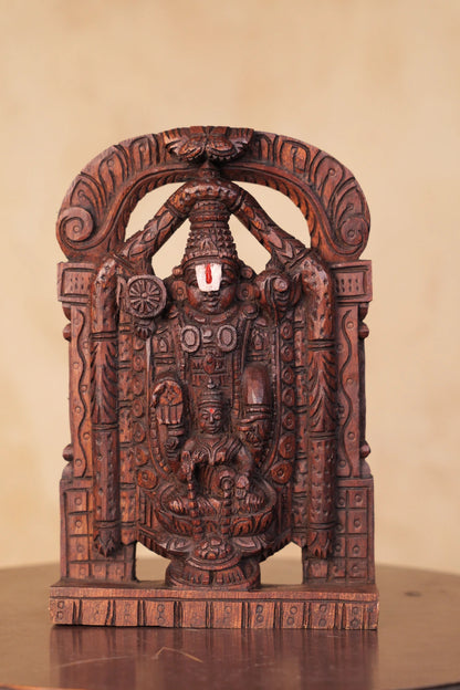 Beautifully crafted 1 ft wooden Tirupati Balaji with Lakshmi Idol