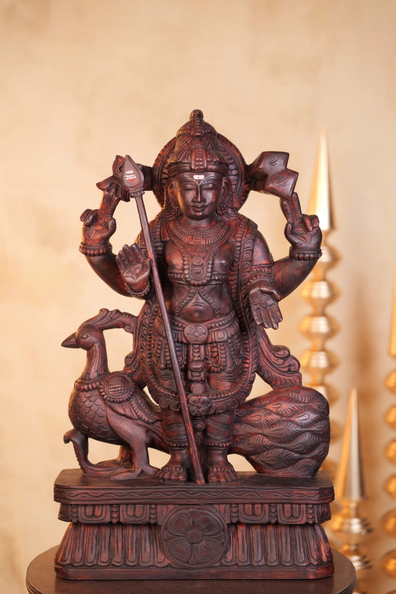 Handcrafted Wooden Lord Murugan Idol with Peacock