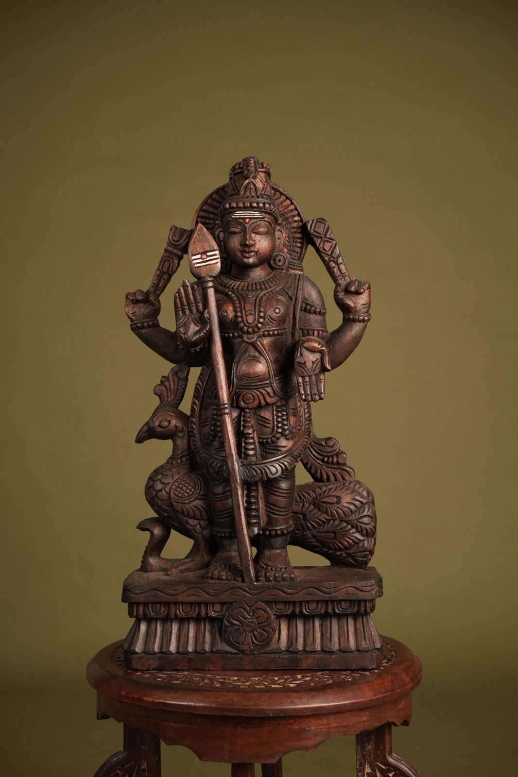 Handcrafted Wooden Lord Murugan Idol with Peacock