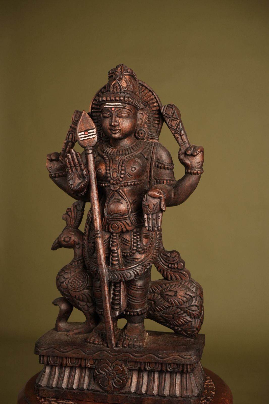 Handcrafted Wooden Lord Murugan Idol with Peacock