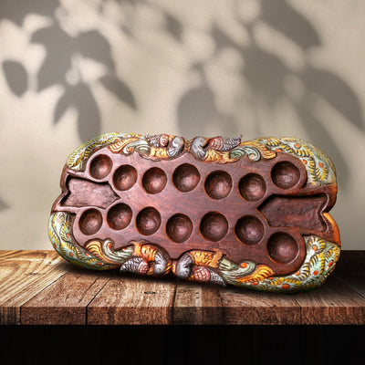Hand Carved Mahogany Pallanguli Board with Peacock Motif – Traditional Mancala Game